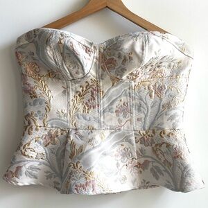 Express Corset Strapless Floral Beige Metallic Gold Peplum Bustier Top Size 12